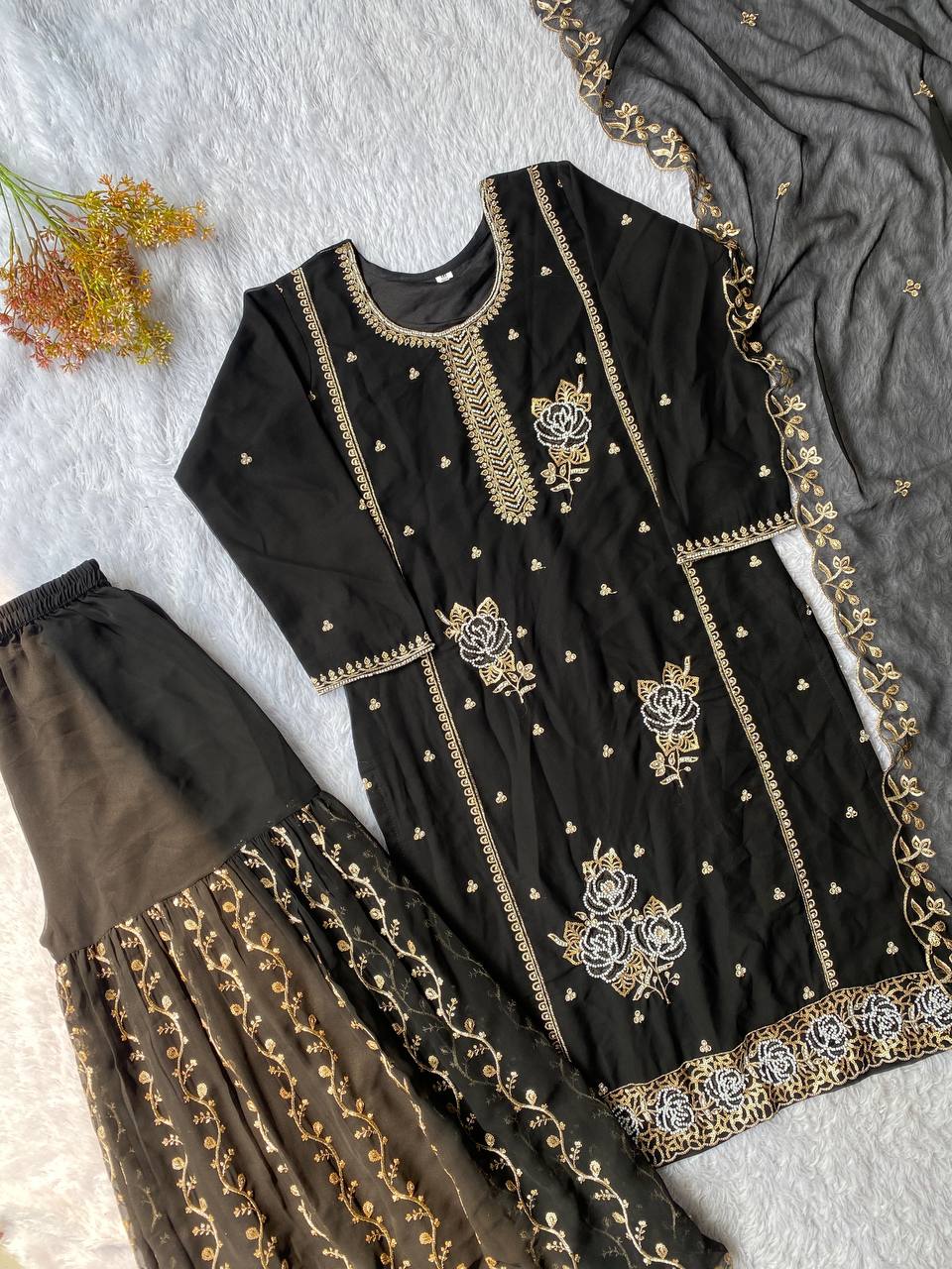 Black Embroidered Pakistani Gharara Suit for Women with Dupatta
