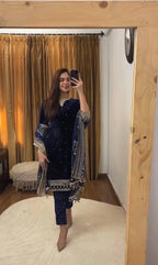 Luxury Velvet Suit | Full Embroidered Top, Pant & Butterfly Net Dupatta