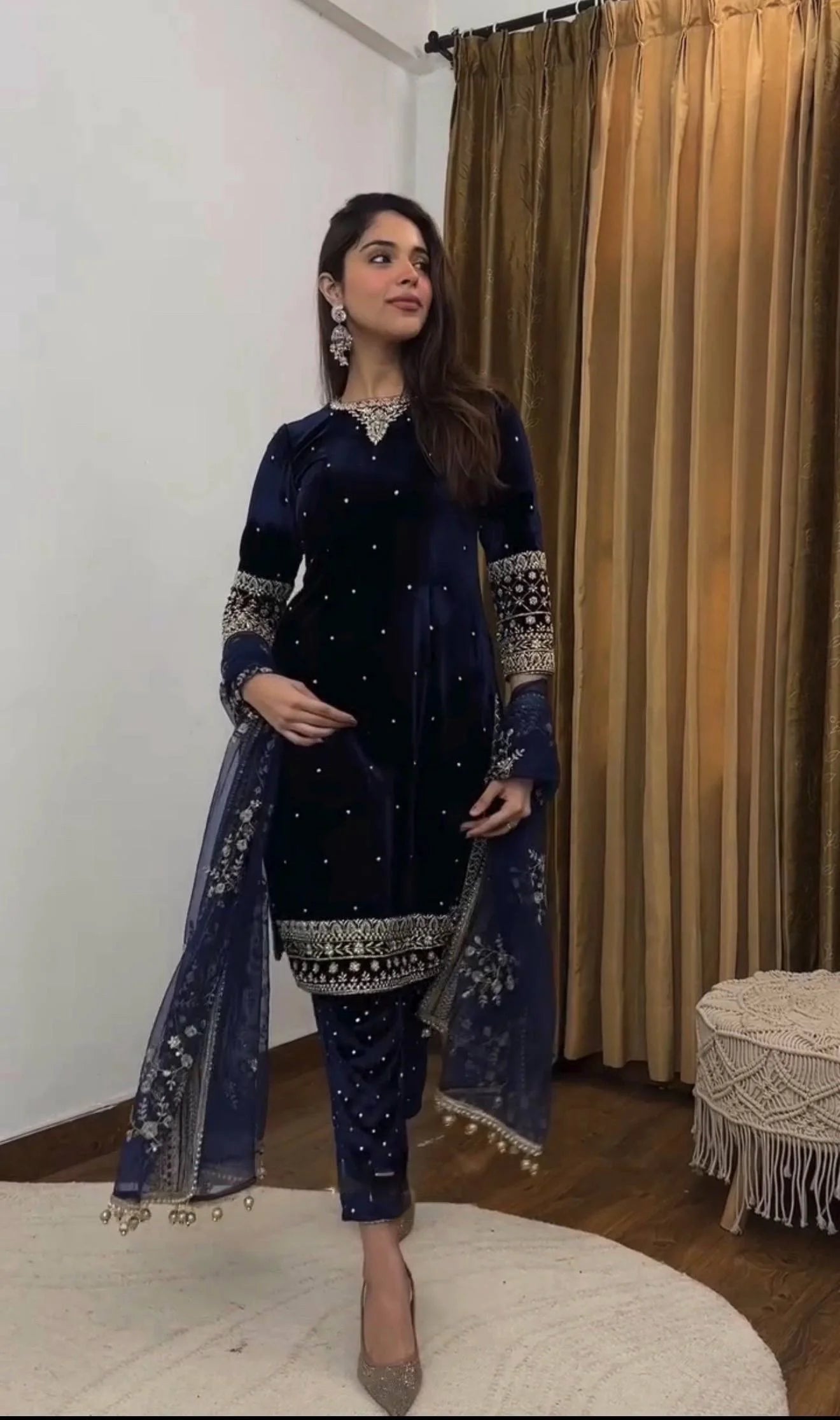Luxury Velvet Suit | Full Embroidered Top, Pant & Butterfly Net Dupatta