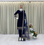 Luxury Velvet Suit | Full Embroidered Top, Pant & Butterfly Net Dupatta
