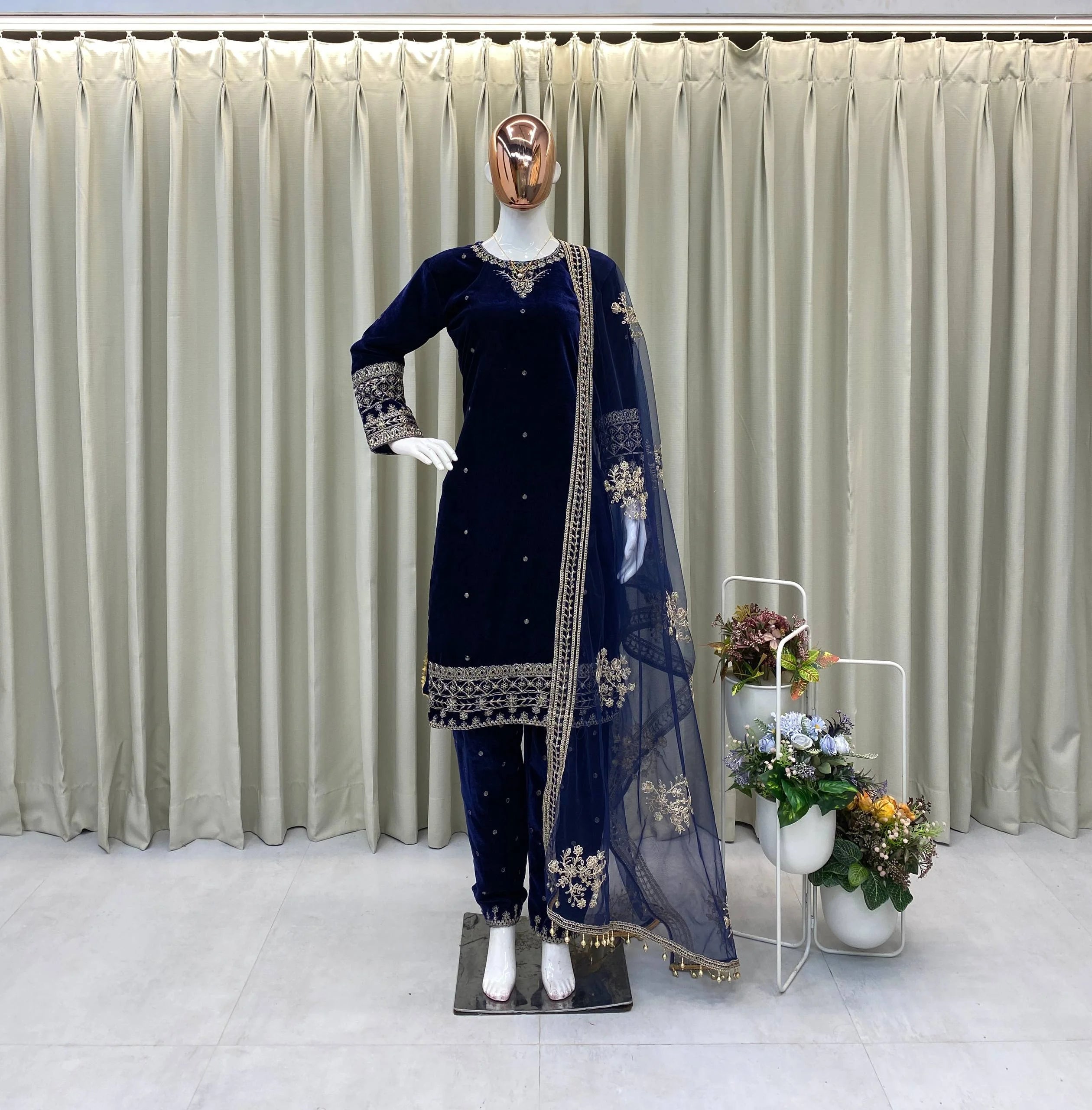 Luxury Velvet Suit | Full Embroidered Top, Pant & Butterfly Net Dupatta