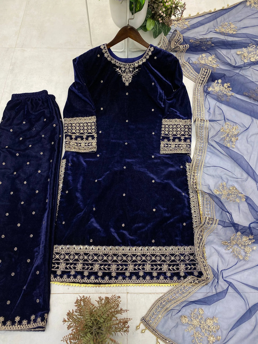 Luxury Velvet Suit | Full Embroidered Top, Pant & Butterfly Net Dupatta