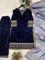 Luxury Velvet Suit | Full Embroidered Top, Pant & Butterfly Net Dupatta
