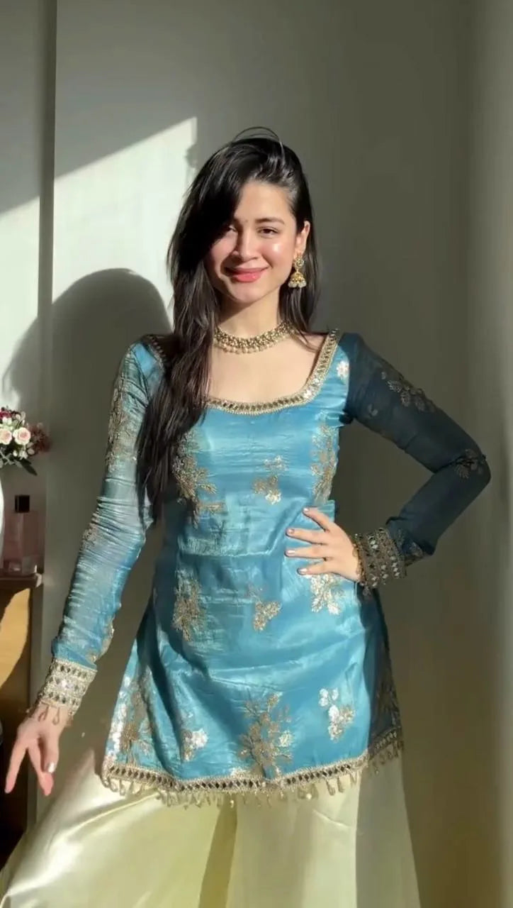 Womenâ€™s Fendy Silk Mirror Work Palazzo Set with Dupatta