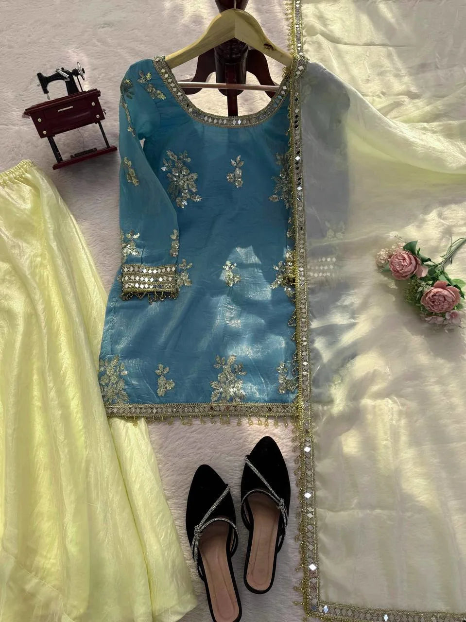 Womenâ€™s Fendy Silk Mirror Work Palazzo Set with Dupatta