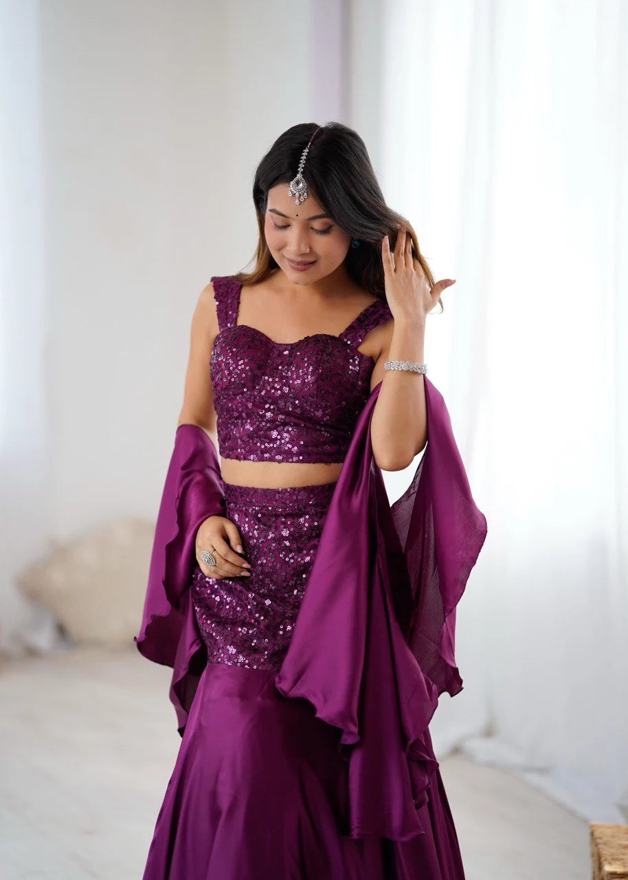 Trendy Designer Net Sequin Blouse with Fish Cut Skirt and Elegant Crepe Dupatta