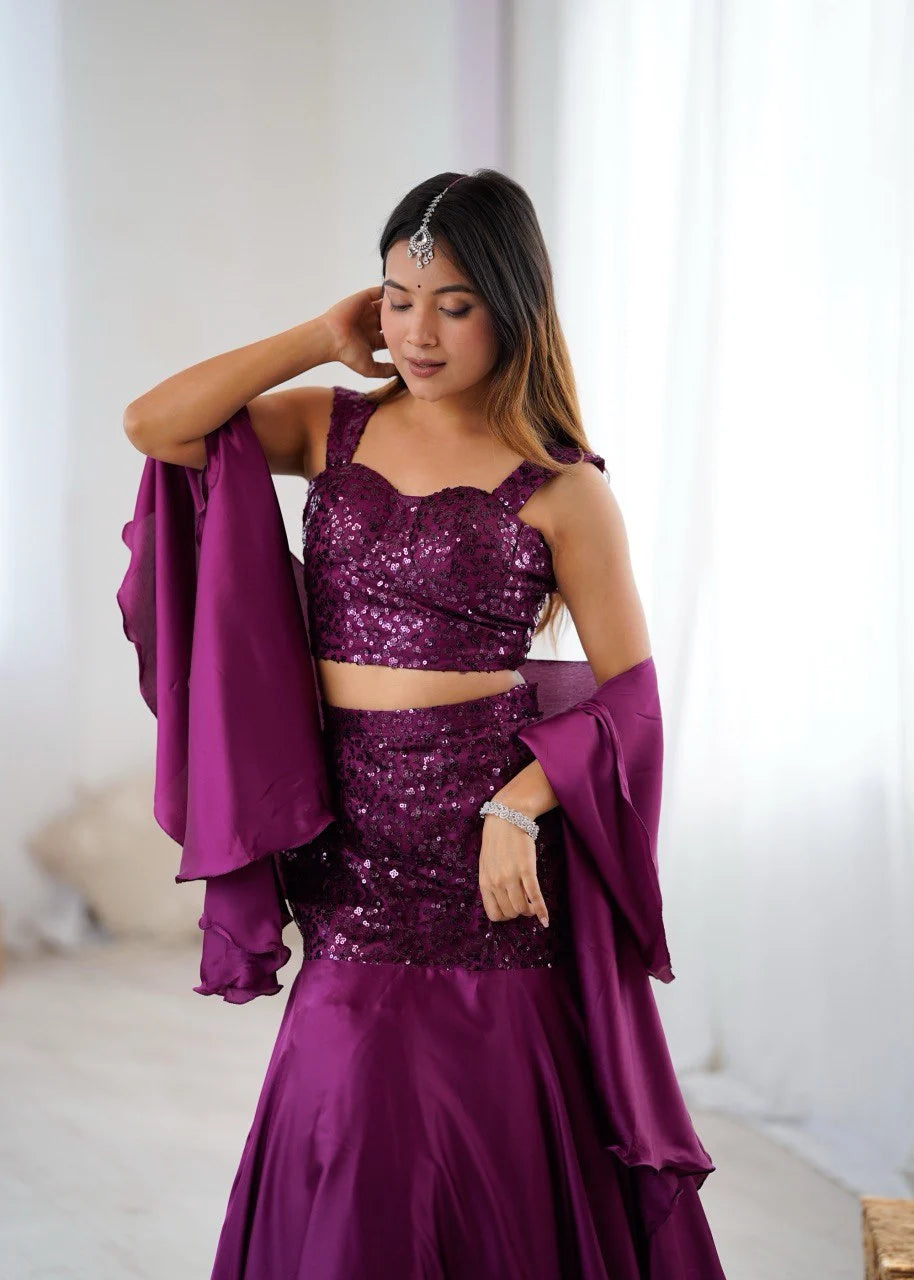 Trendy Designer Net Sequin Blouse with Fish Cut Skirt and Elegant Crepe Dupatta