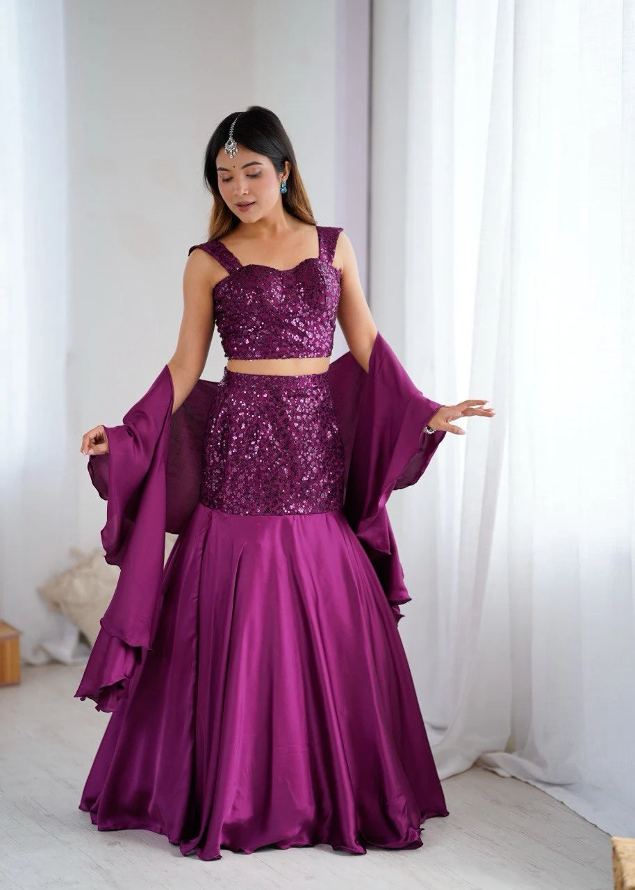 Trendy Designer Net Sequin Blouse with Fish Cut Skirt and Elegant Crepe Dupatta
