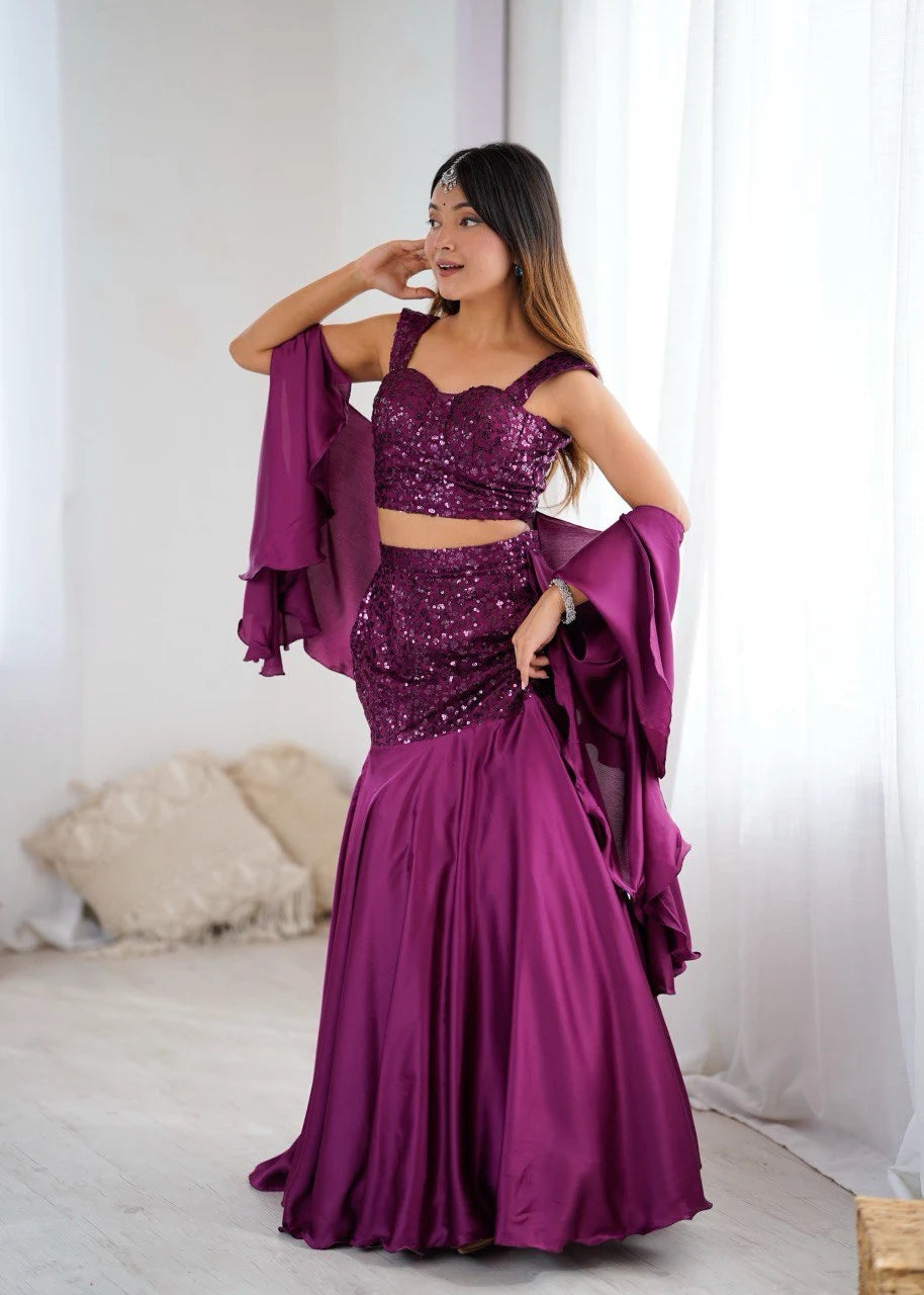 Trendy Designer Net Sequin Blouse with Fish Cut Skirt and Elegant Crepe Dupatta