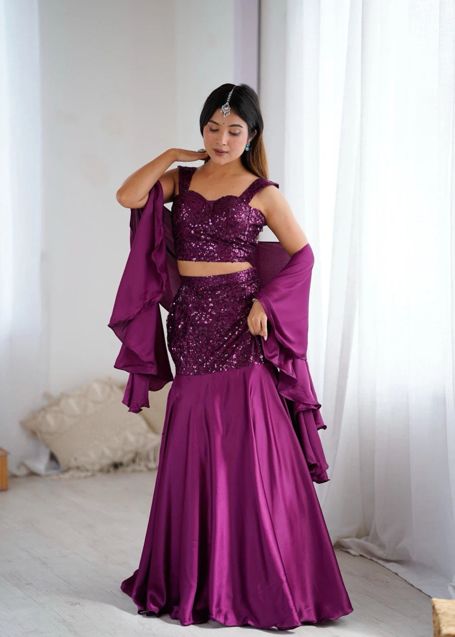 Trendy Designer Net Sequin Blouse with Fish Cut Skirt and Elegant Crepe Dupatta