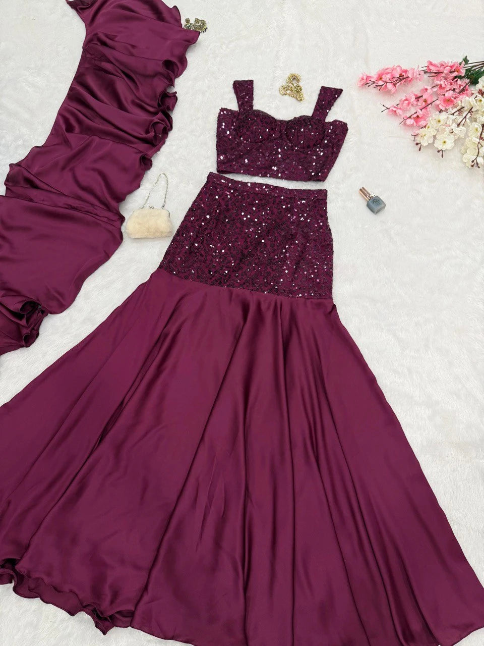 Trendy Designer Net Sequin Blouse with Fish Cut Skirt and Elegant Crepe Dupatta