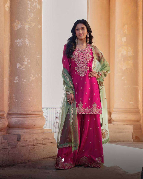 Chinon Sequin Embroidered Pink Kurti Plazzo Dupatta â€“ Exclusive Edition