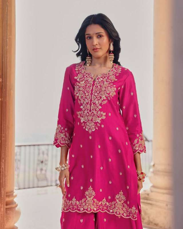 Chinon Sequin Embroidered Pink Kurti Plazzo Dupatta â€“ Exclusive Edition