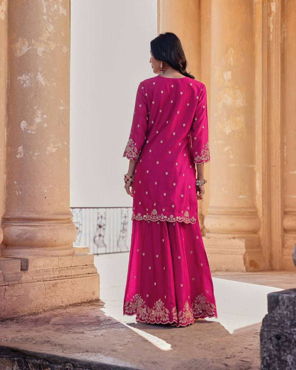 Chinon Sequin Embroidered Pink Kurti Plazzo Dupatta â€“ Exclusive Edition