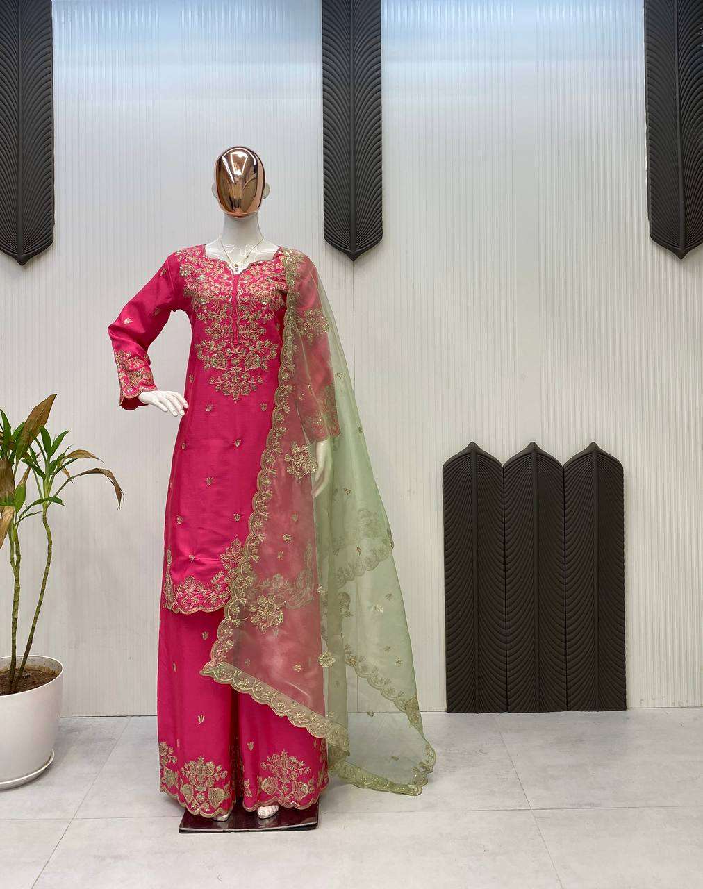 Chinon Sequin Embroidered Pink Kurti Plazzo Dupatta â€“ Exclusive Edition