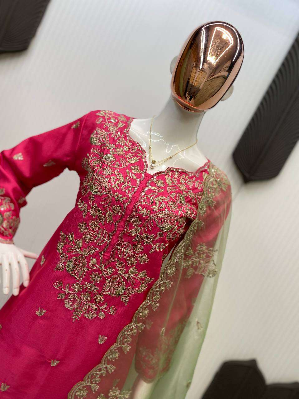 Chinon Sequin Embroidered Pink Kurti Plazzo Dupatta â€“ Exclusive Edition
