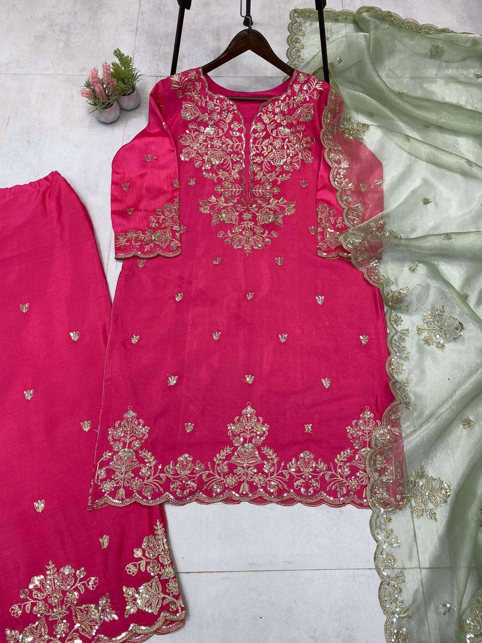 Chinon Sequin Embroidered Pink Kurti Plazzo Dupatta â€“ Exclusive Edition