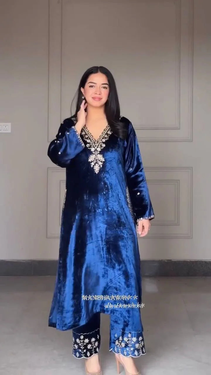 Partywear Velvet Suit with Sequence Work & Designer Dupatta