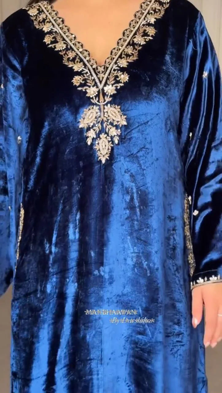 Partywear Velvet Suit with Sequence Work & Designer Dupatta