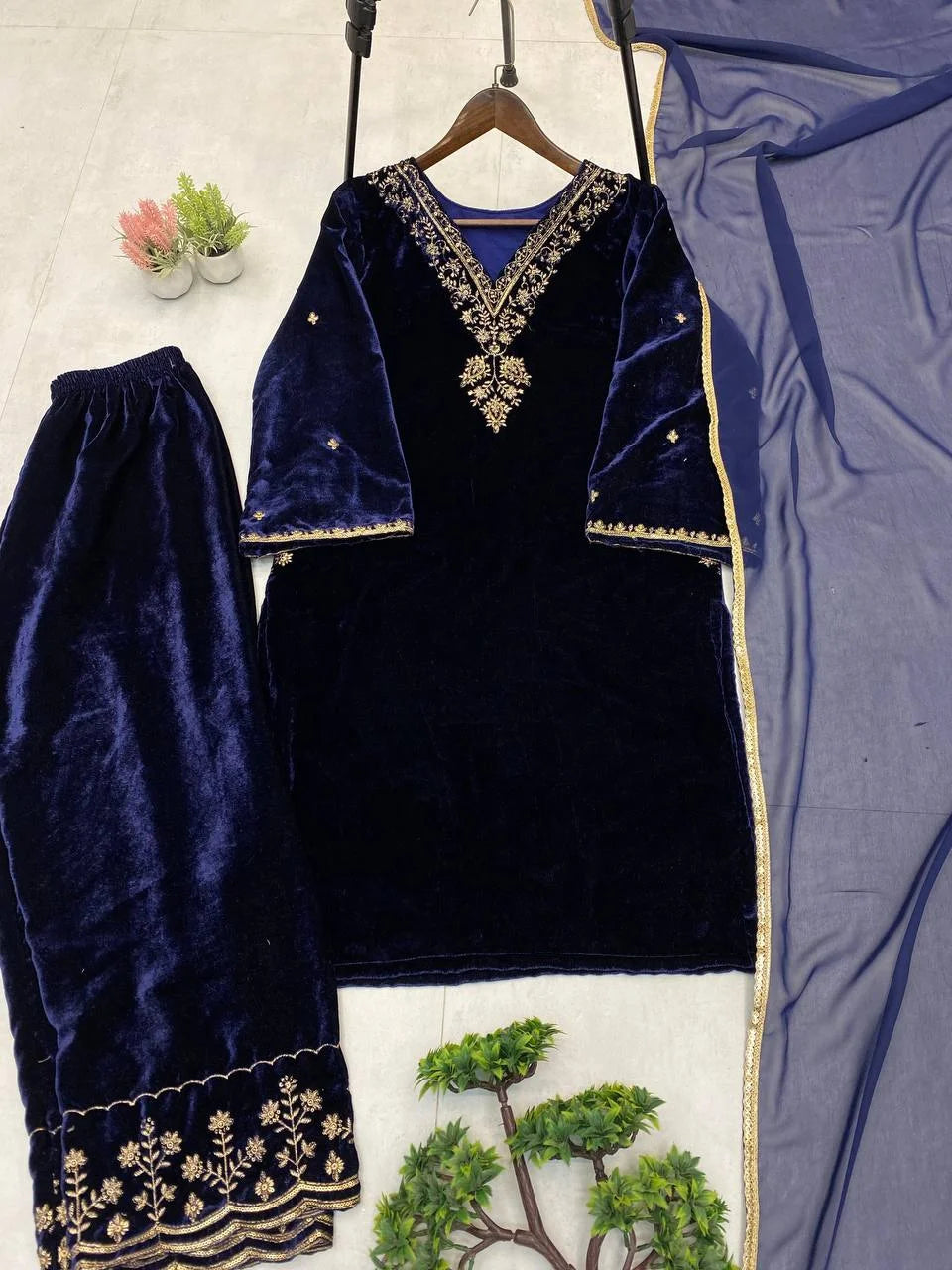 Partywear Velvet Suit with Sequence Work & Designer Dupatta