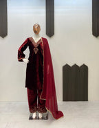 Luxury Velvet Suit Set with Lace Border Dupatta