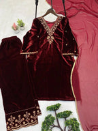 Luxury Velvet Suit Set with Lace Border Dupatta