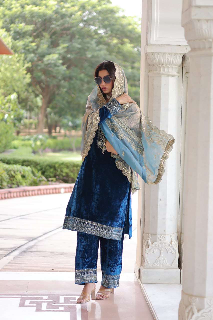 Rich Velvet Partywear Set with Sequence â€“ Zari Work