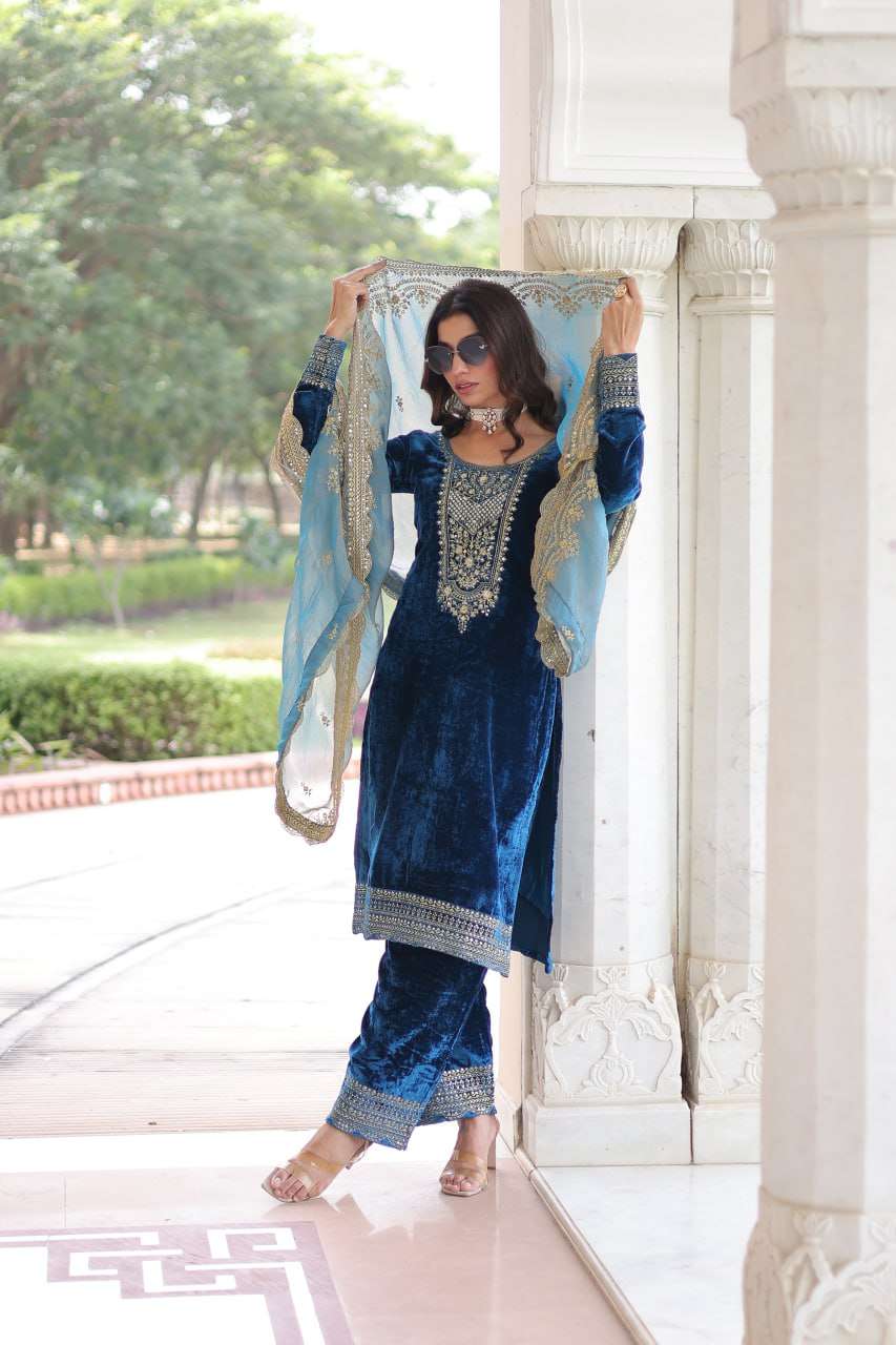 Rich Velvet Partywear Set with Sequence â€“ Zari Work