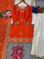 Fully Stitched Chinon Silk Embroidered Suit Set