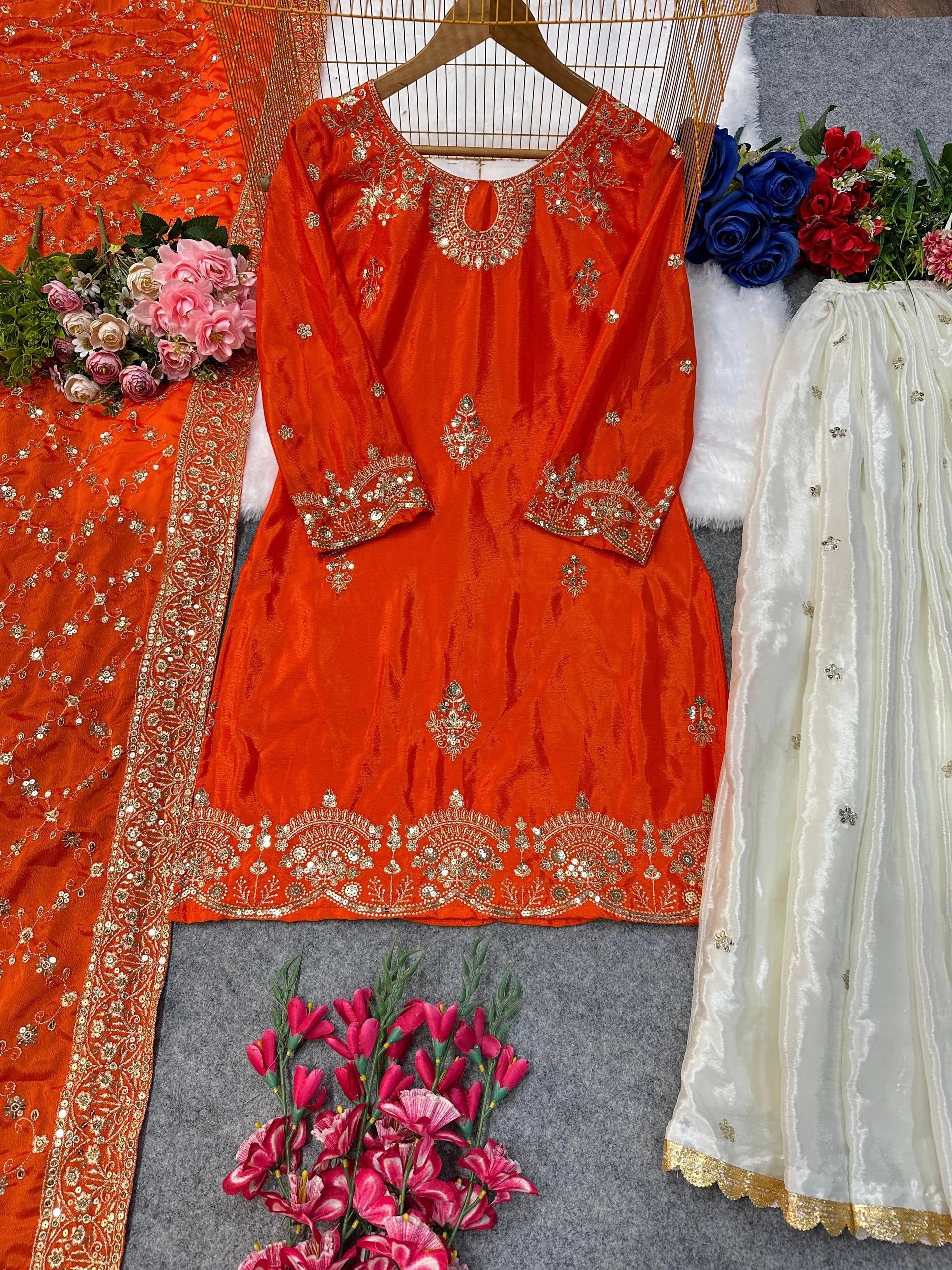 Fully Stitched Chinon Silk Embroidered Suit Set