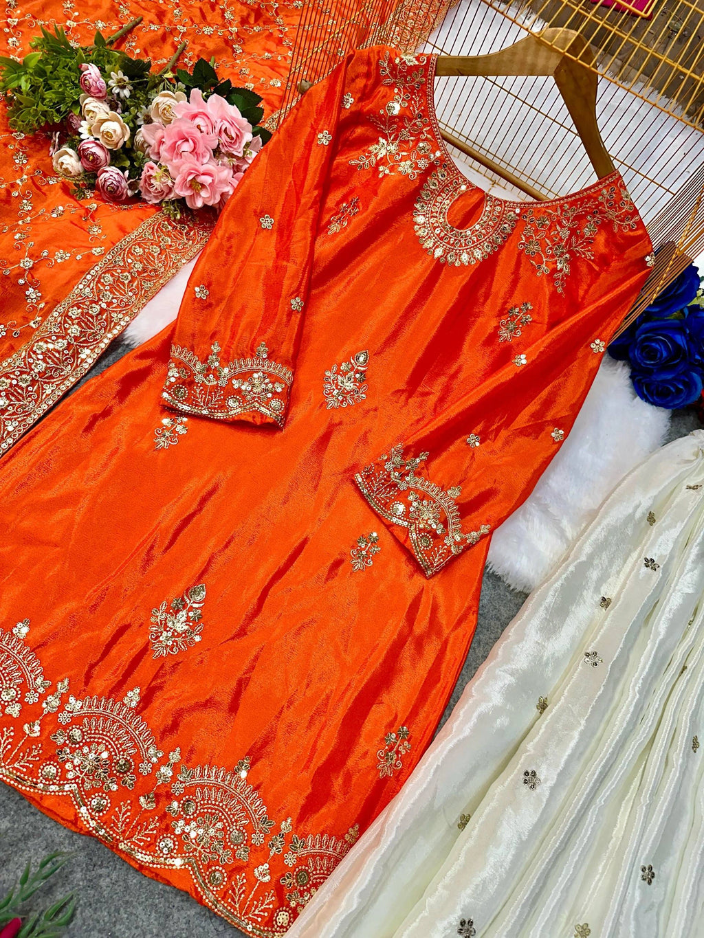Fully Stitched Chinon Silk Embroidered Suit Set