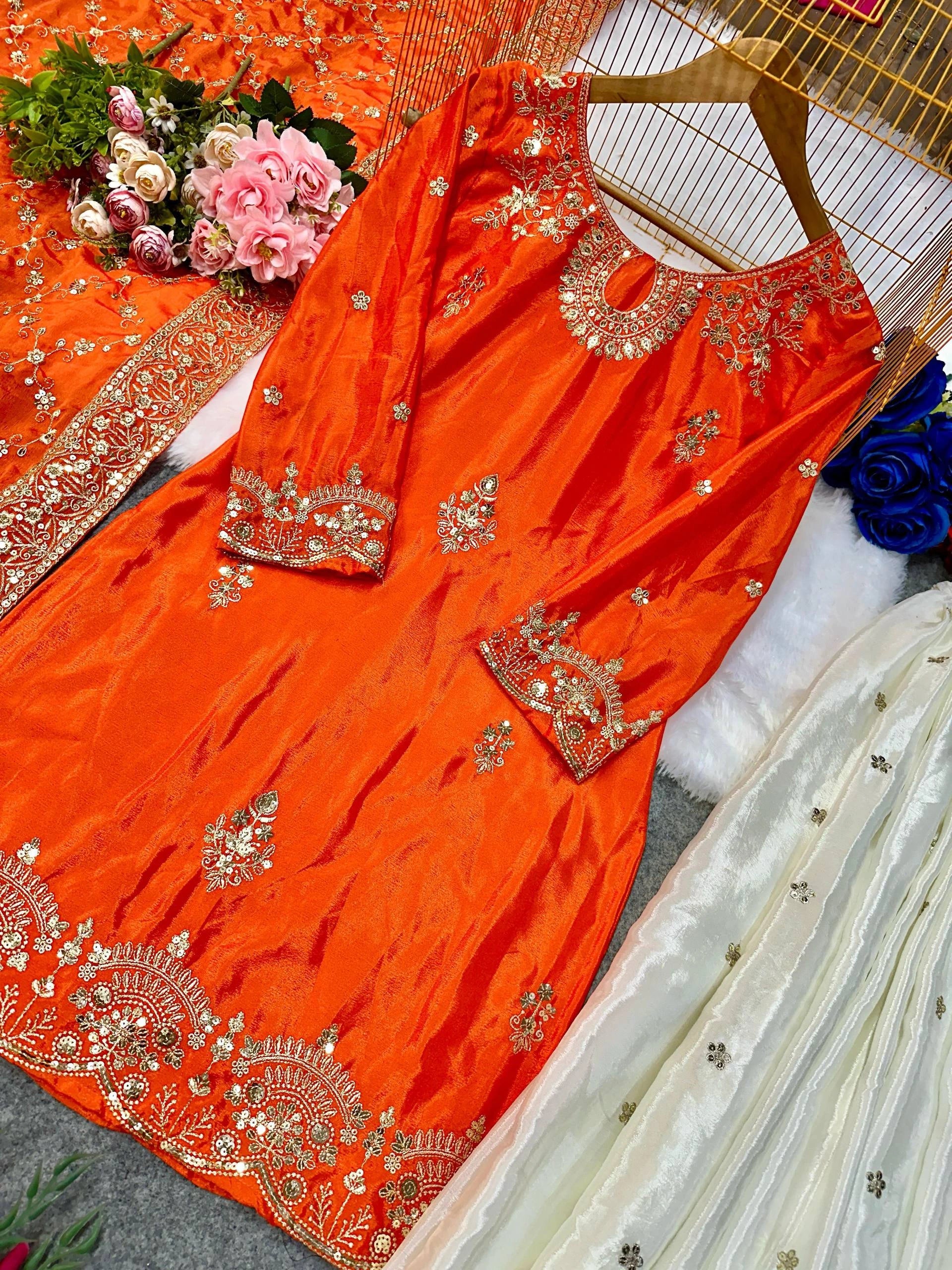 Fully Stitched Chinon Silk Embroidered Suit Set