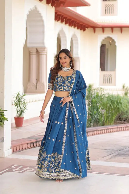Ethnic Luxe Edit: Vichitra Silk Lehenga with Intricate Embroidery & Lace Border