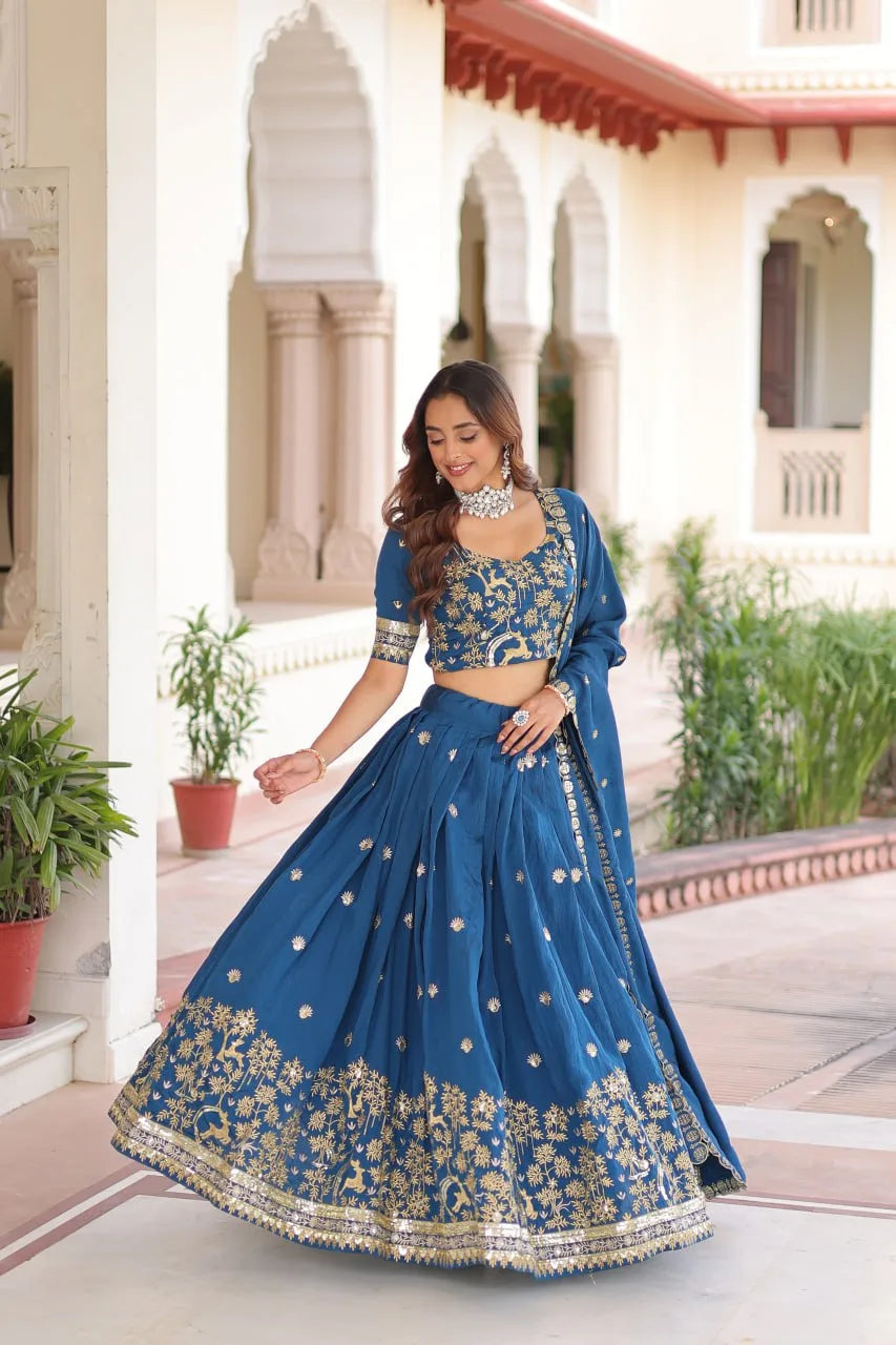 Ethnic Luxe Edit: Vichitra Silk Lehenga with Intricate Embroidery & Lace Border