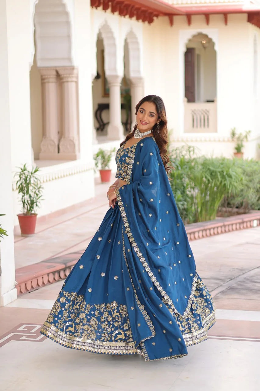 Ethnic Luxe Edit: Vichitra Silk Lehenga with Intricate Embroidery & Lace Border