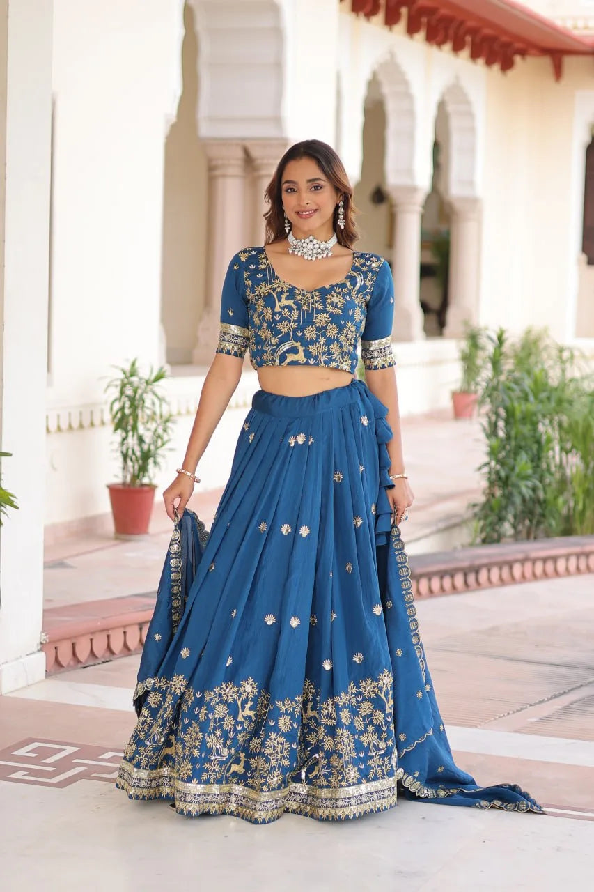 Ethnic Luxe Edit: Vichitra Silk Lehenga with Intricate Embroidery & Lace Border