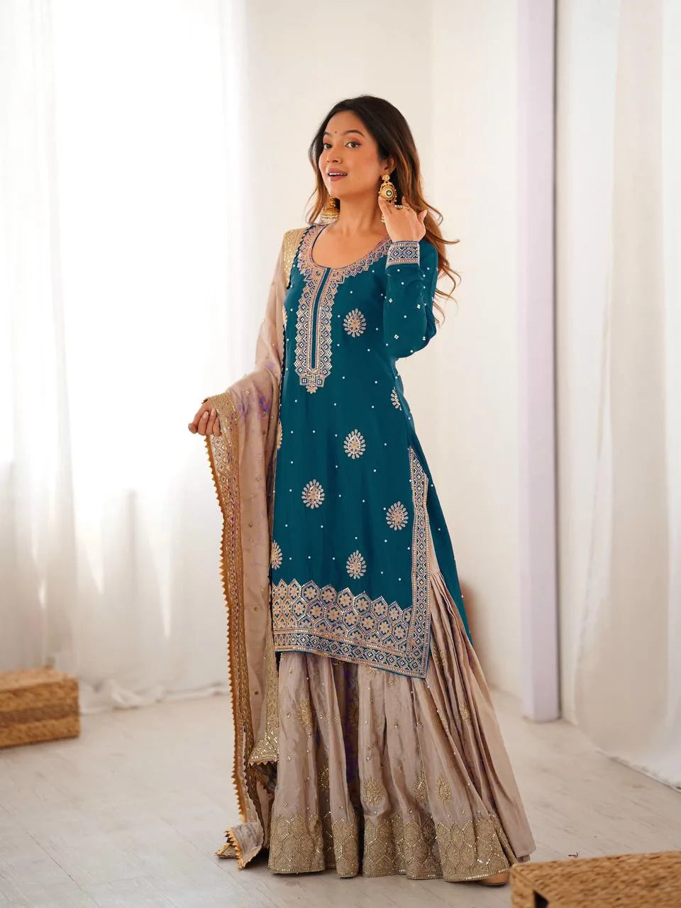 Classic Blue Chinnon Silk Kurti & Flared Sharara With Dupatta