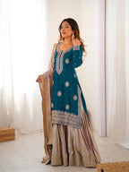 Classic Blue Chinnon Silk Kurti & Flared Sharara With Dupatta