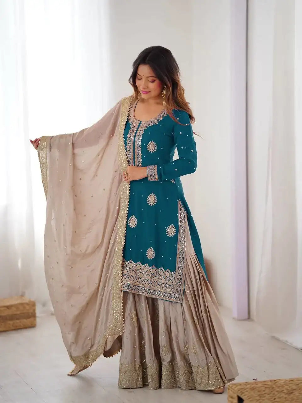 Classic Blue Chinnon Silk Kurti & Flared Sharara With Dupatta