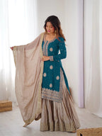 Classic Blue Chinnon Silk Kurti & Flared Sharara With Dupatta