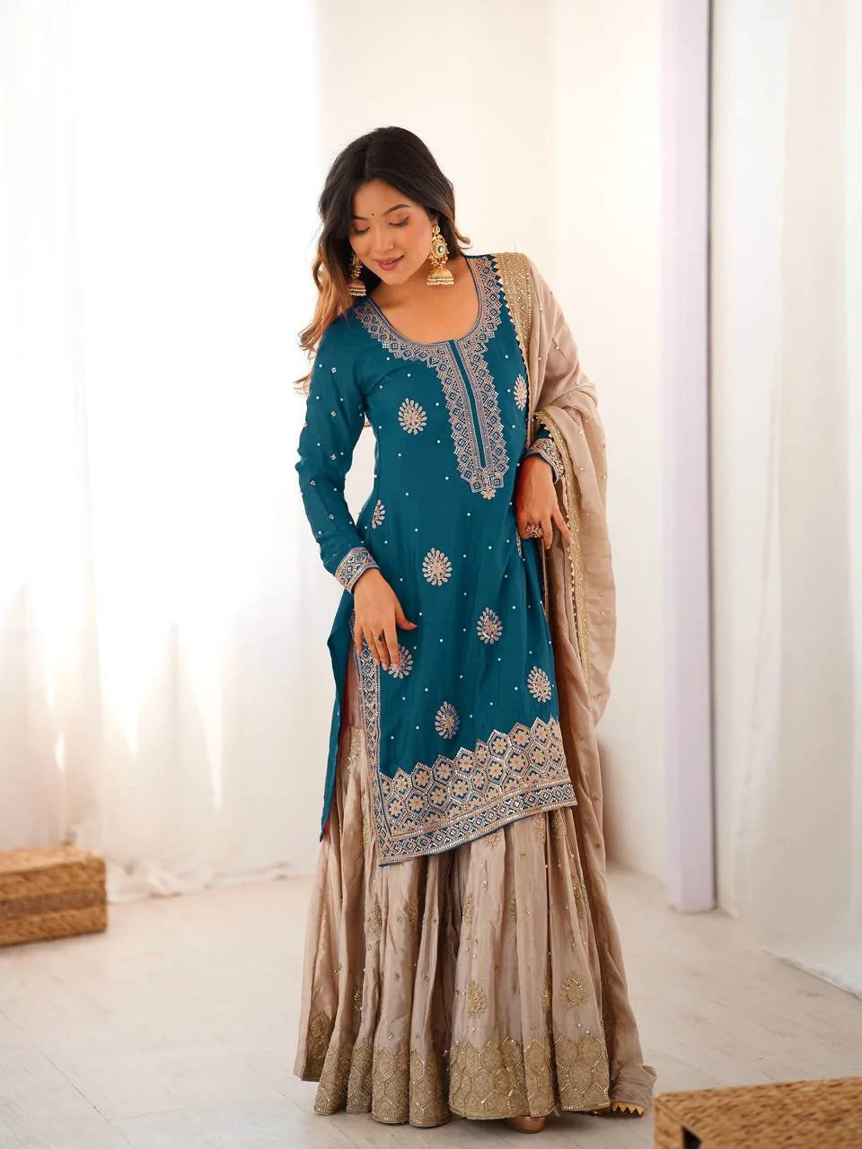 Classic Blue Chinnon Silk Kurti & Flared Sharara With Dupatta