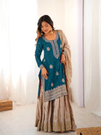 Classic Blue Chinnon Silk Kurti & Flared Sharara With Dupatta