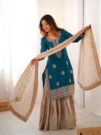 Classic Blue Chinnon Silk Kurti & Flared Sharara With Dupatta