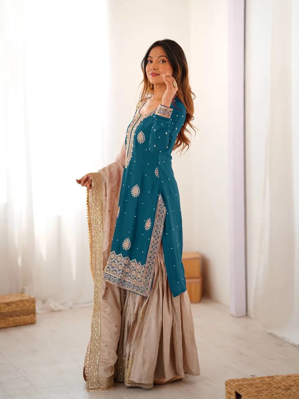 Classic Blue Chinnon Silk Kurti & Flared Sharara With Dupatta