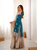 Classic Blue Chinnon Silk Kurti & Flared Sharara With Dupatta