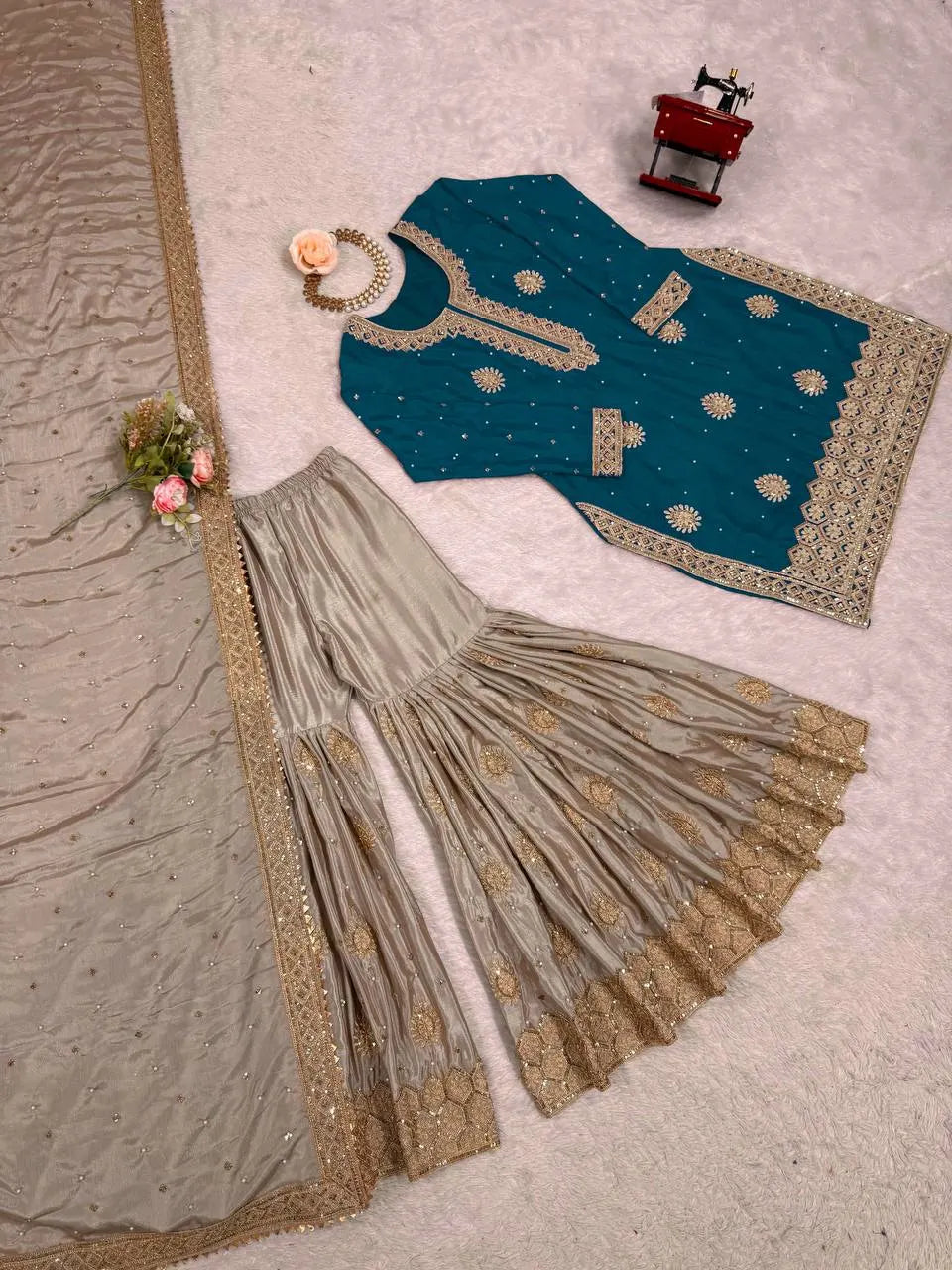 Classic Blue Chinnon Silk Kurti & Flared Sharara With Dupatta