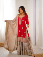 Graceful Red Kurti & Sharara Ensemble with Heavy Embroidered Dupatta