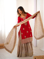 Graceful Red Kurti & Sharara Ensemble with Heavy Embroidered Dupatta