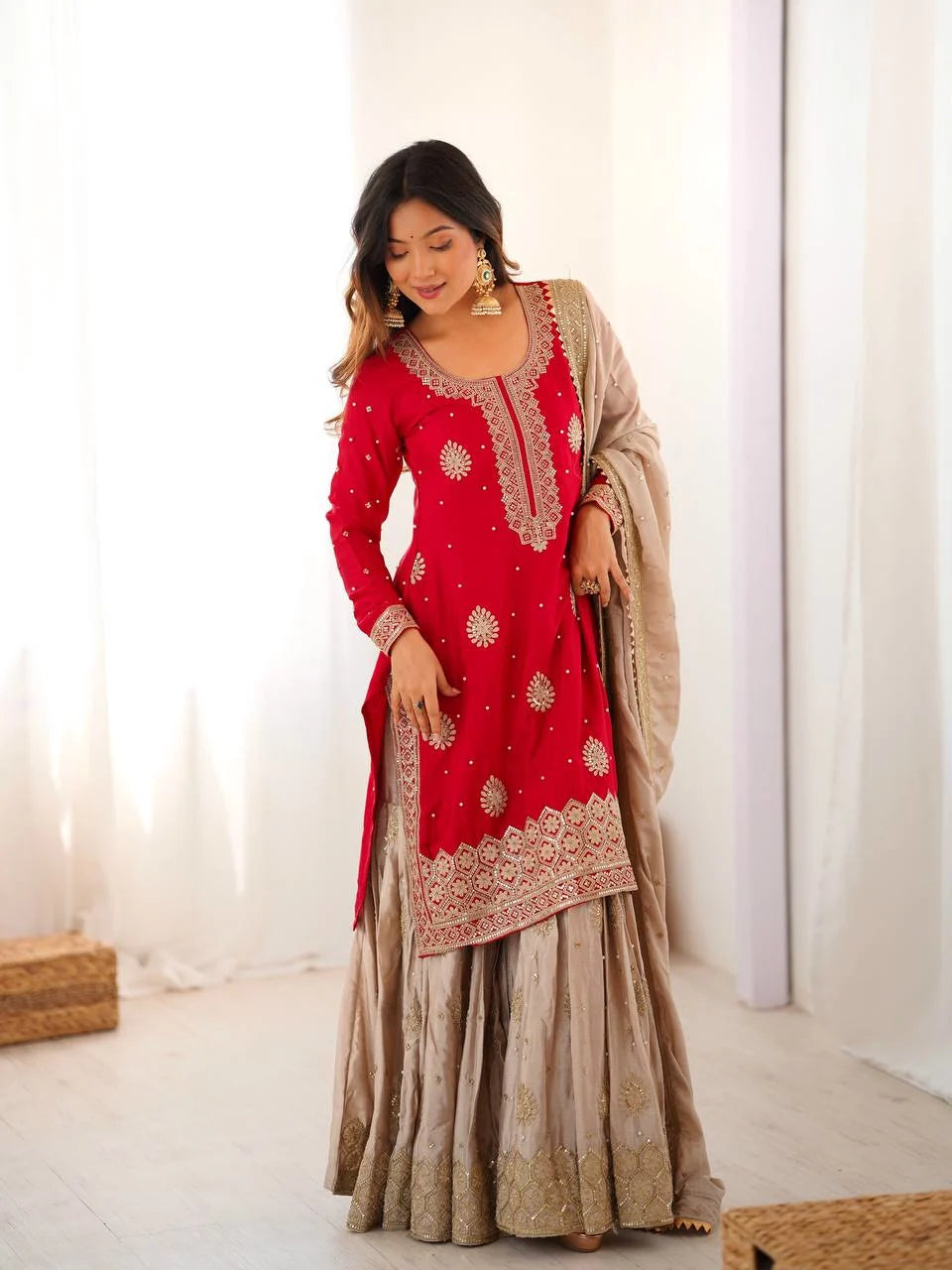 Graceful Red Kurti & Sharara Ensemble with Heavy Embroidered Dupatta
