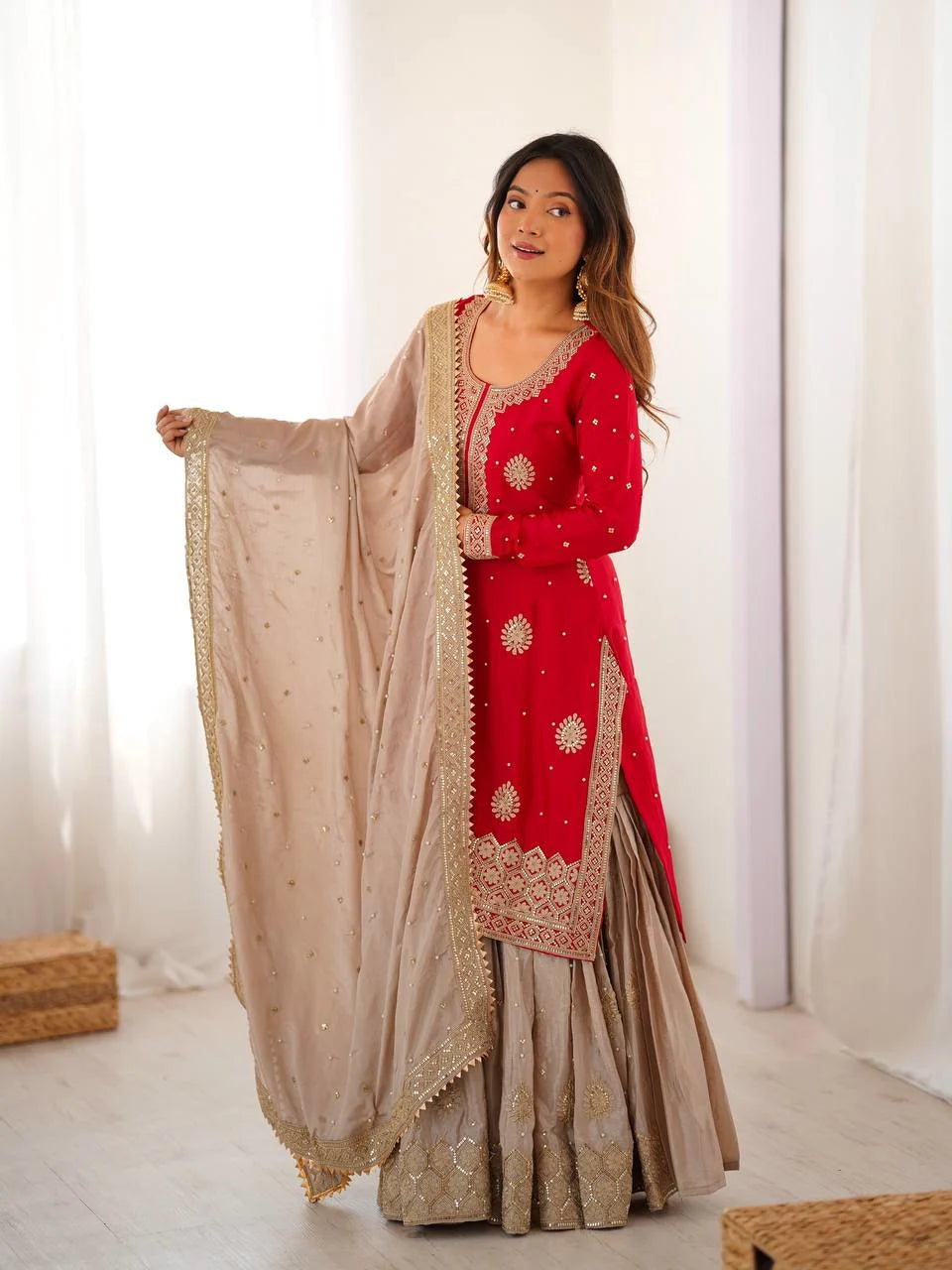 Graceful Red Kurti & Sharara Ensemble with Heavy Embroidered Dupatta